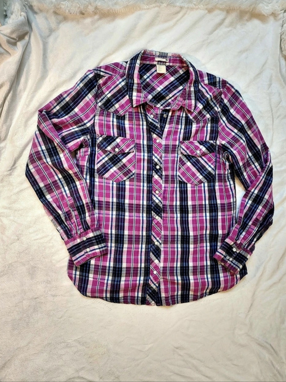 Vintage Levi's Womens Large Plaid 100% Cotton Western Pearl Snap Pink Black